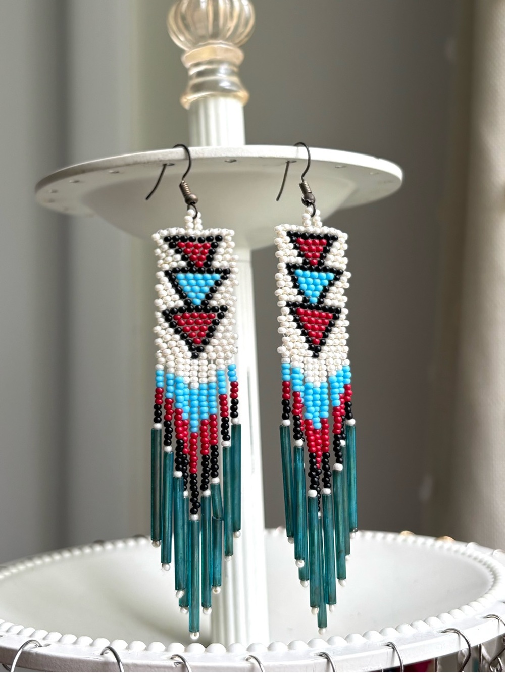 Handmade Seed Beaded Fringe Dangle Earrings in White, Turquoise & Red